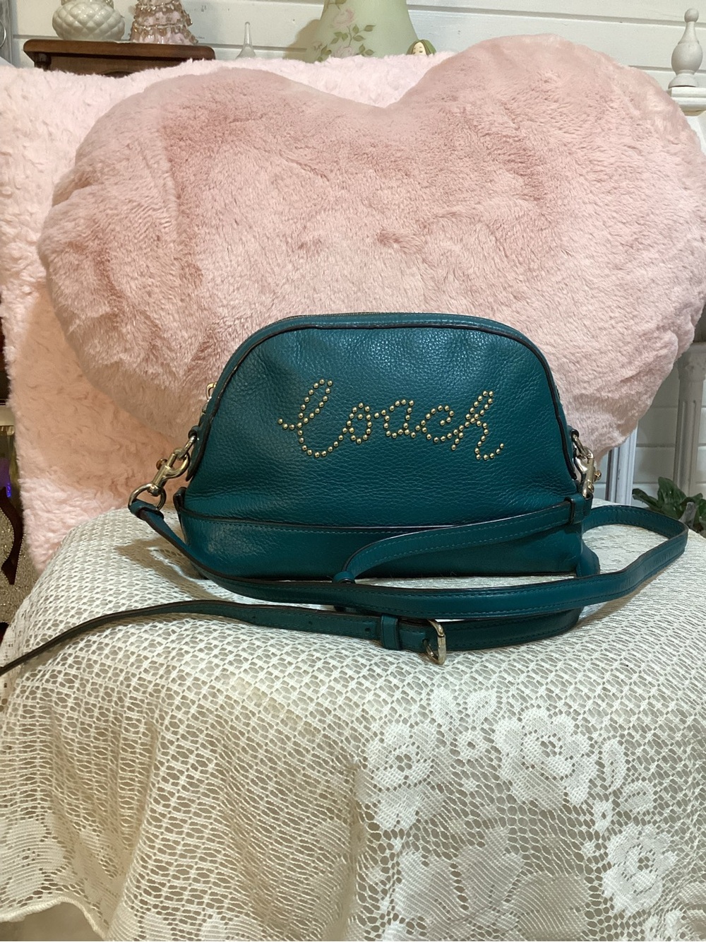 COACH Teal Pebbled Leather Crossbody with Stud Logo